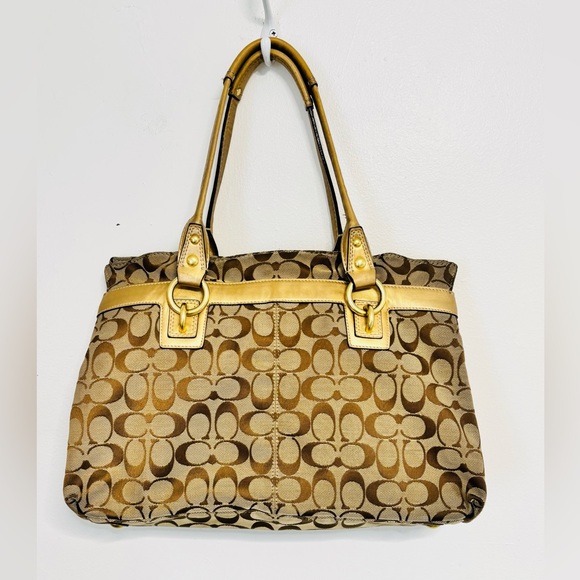 Coach Khaki Gold Metallic Penelope Signature Leather Duffle  Coach Khaki Gold Metallic Penelope Signature Leather Duffle Hobo Handbag